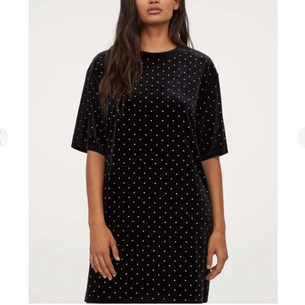 H&M Oversized Rhinestone Embellished Velvet Velour Mini Shift Dress Bling